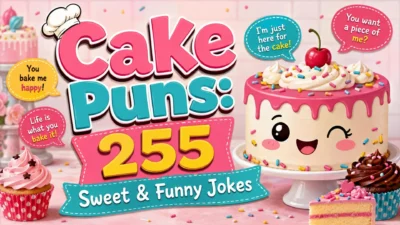 Colorful Cake Puns graphic with cute frosted cake, cupcakes, sprinkles, and 255 sweet and funny jokes.