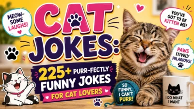 Funny cat jokes image with a laughing tabby cat, paw prints, and 225+ purr-fect jokes for cat lovers.