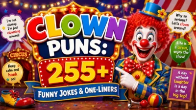Colorful clown puns poster with a smiling circus clown, balloons, big shoes, and 255+ funny jokes and one-liners.