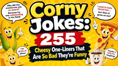 Colorful Corny Jokes graphic with funny corn, pizza, cheese, coffee characters and cheesy one-liners.