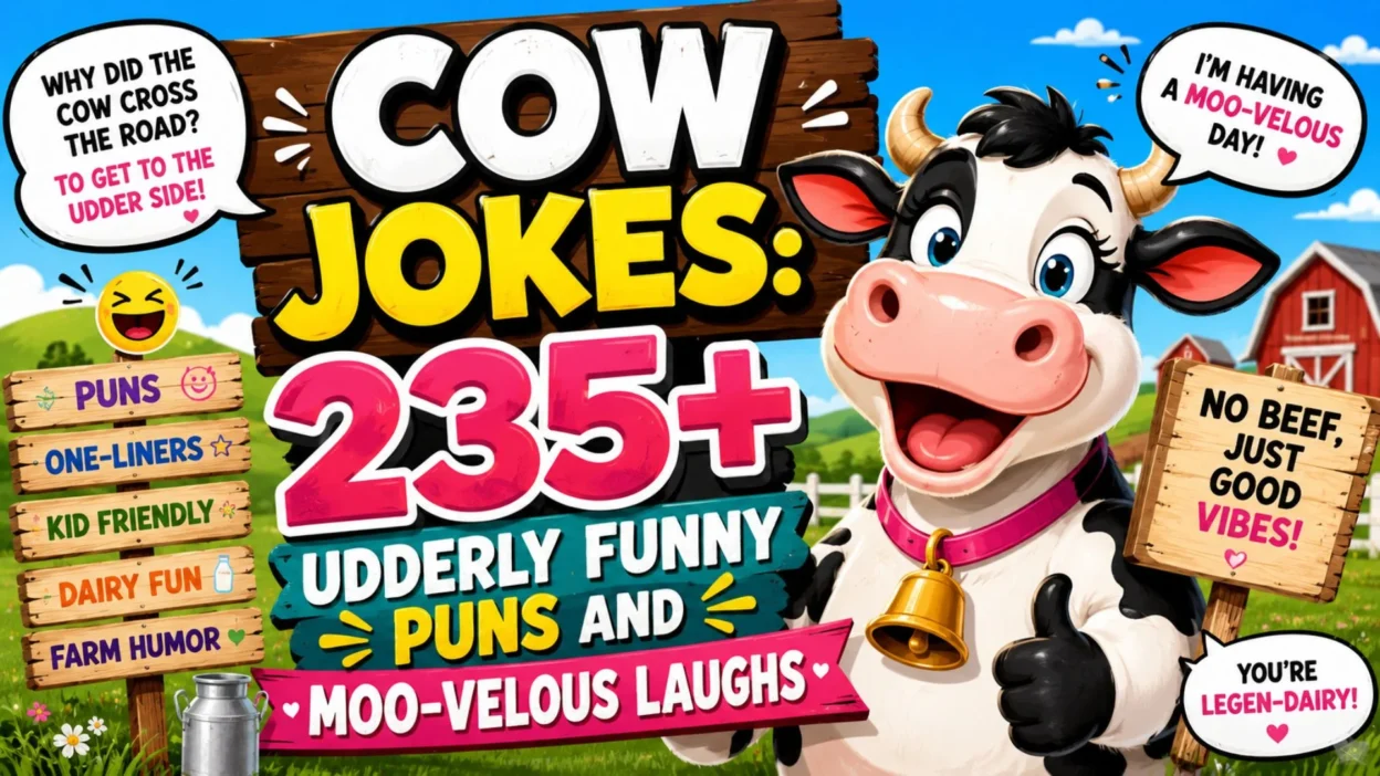Cow jokes graphic with a happy cartoon cow, 235+ funny puns, one-liners, dairy humor, and moo-velous laughs.