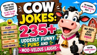 Cow jokes graphic with a happy cartoon cow, 235+ funny puns, one-liners, dairy humor, and moo-velous laughs.