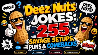Deez Nuts Jokes graphic with funny peanut characters, savage setups, puns, comebacks, and 255 joke ideas.