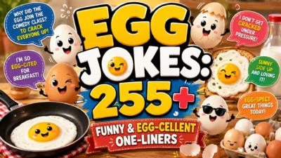 Colorful egg jokes graphic with cute egg characters, fried eggs, toast, and 255+ funny egg-cellent one-liners.