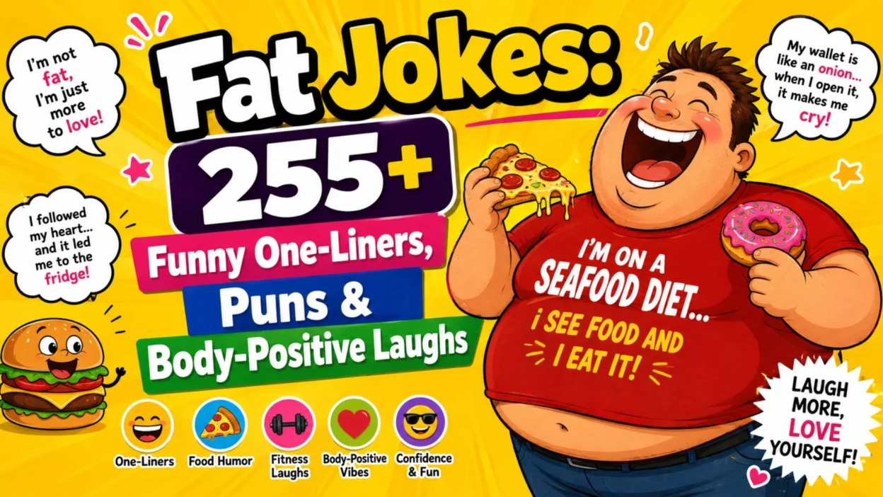 Colorful Fat Jokes 255+ cartoon featuring funny one-liners, puns, food humor, and body-positive laughs.