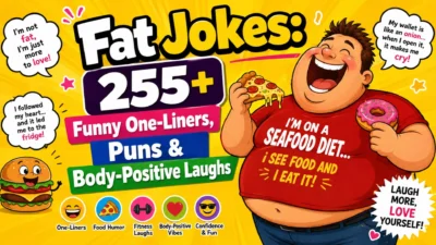 Colorful Fat Jokes 255+ cartoon featuring funny one-liners, puns, food humor, and body-positive laughs.