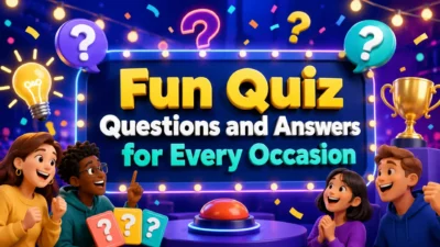 Colorful fun quiz questions and answers image featuring players, question marks, a buzzer, light bulb, and trophy.