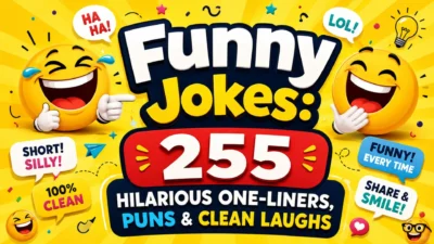 Funny jokes graphic with laughing emojis, 255 jokes, one-liners, puns, and clean laughs.