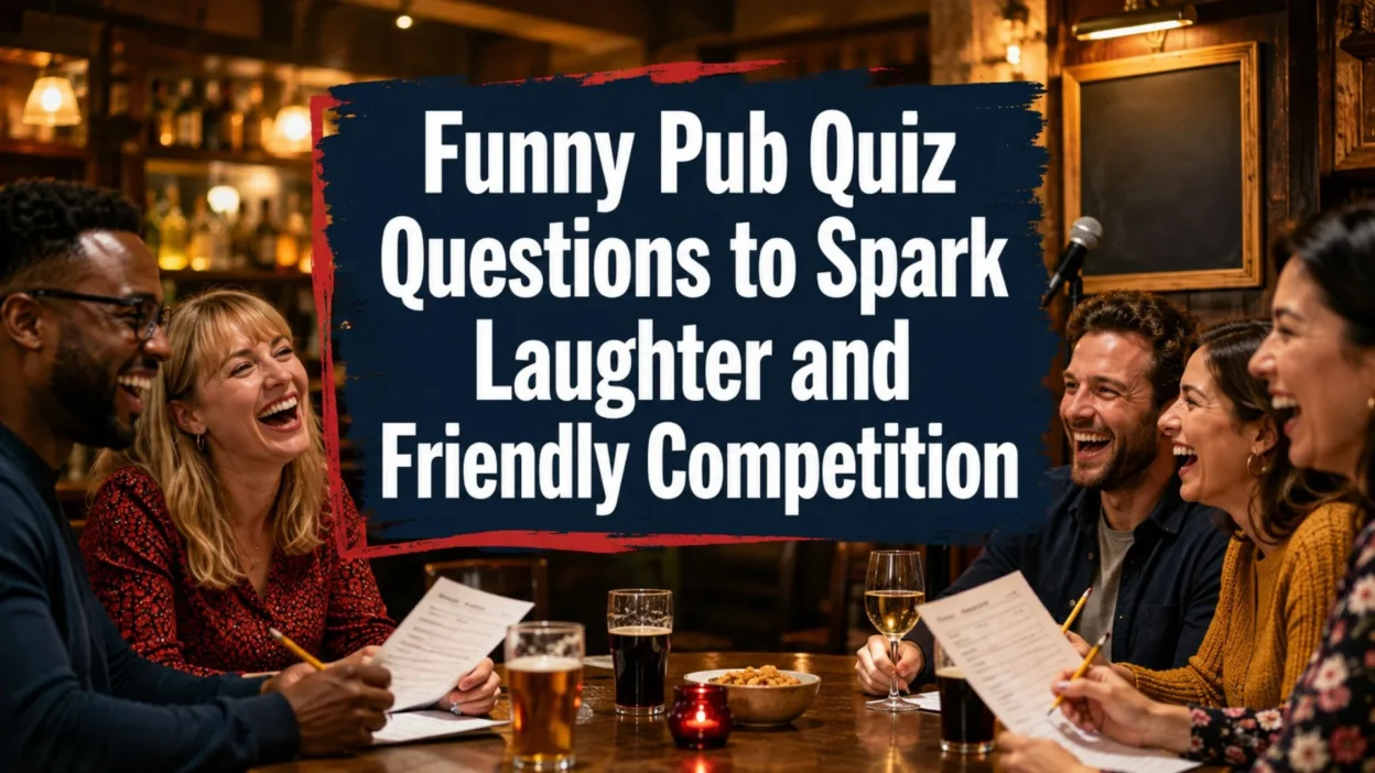 Friends laughing together during a lively funny pub quiz night