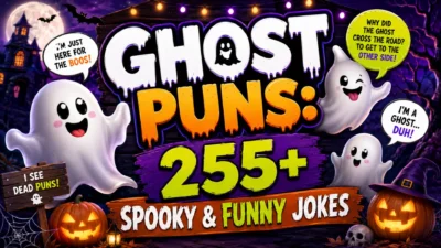 Ghost puns graphic with cute ghosts, pumpkins, haunted house, and 255+ spooky and funny Halloween jokes.