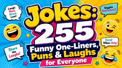 Colorful comic poster for Jokes: 255 Funny One-Liners, Puns & Laughs for Everyone with laughing emojis.