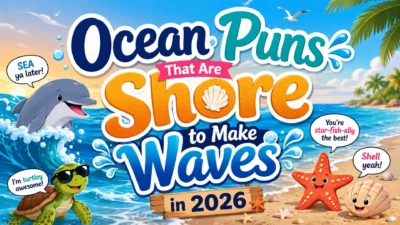 Colorful ocean puns banner with waves, dolphin, turtle, starfish, seashell, and playful beach typography.