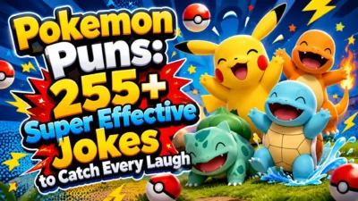 Colorful Pokemon puns image featuring Pikachu, Charmander, Squirtle, Bulbasaur, Poké Balls, and bold joke text.