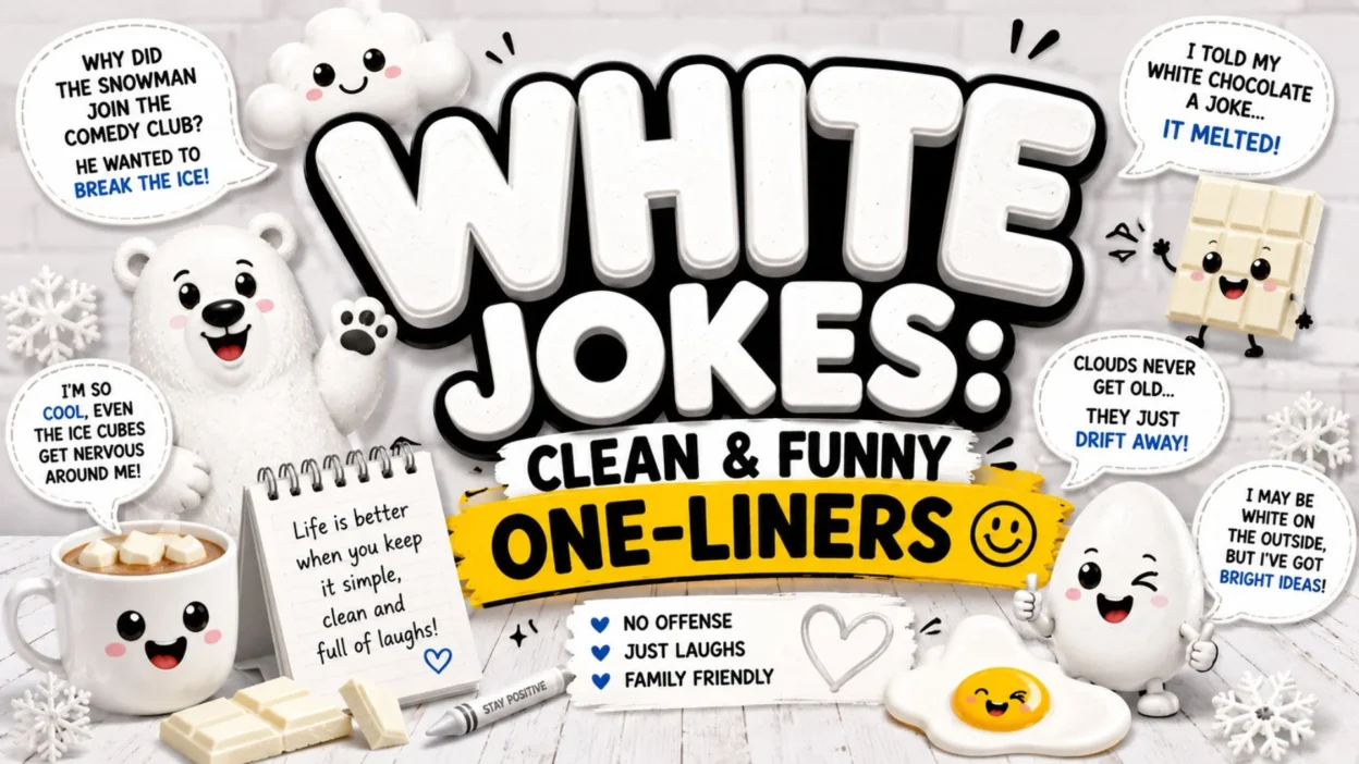 White jokes graphic with polar bear, snowflakes, white chocolate, eggs, and clean funny one-liners.