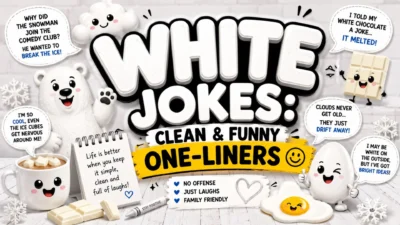 White jokes graphic with polar bear, snowflakes, white chocolate, eggs, and clean funny one-liners.