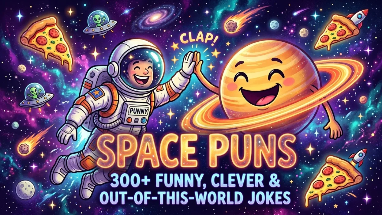 Space puns with planets, stars, rockets, and funny cosmic elements
