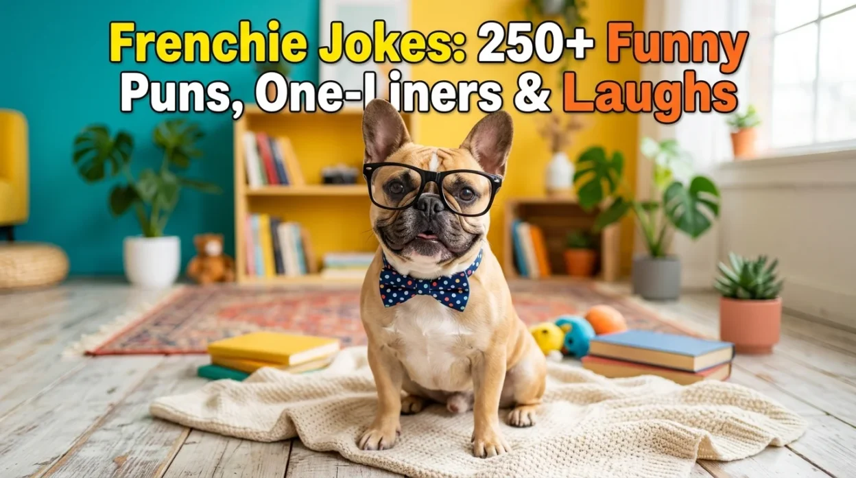 Frenchie jokes with funny French Bulldog puns, one-liners, and playful captions
