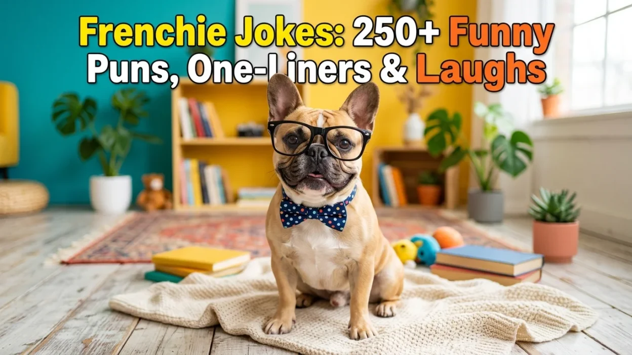 Frenchie jokes with funny French Bulldog puns, one-liners, and playful captions