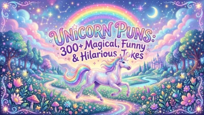 Unicorn puns with a colorful unicorn, rainbow, stars, and magical elements