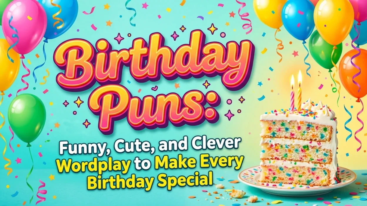 Funny birthday puns with colorful birthday cake, balloons, candles, and festive decorations.