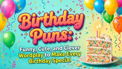 Funny birthday puns with colorful birthday cake, balloons, candles, and festive decorations.