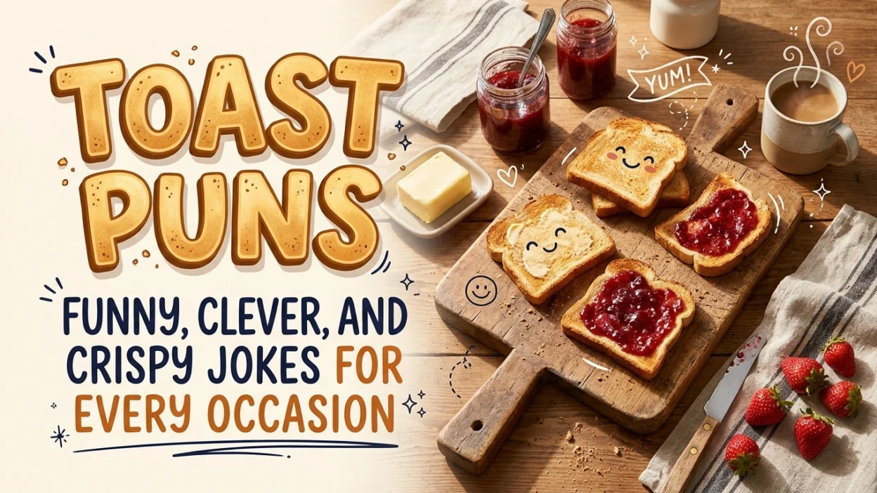 Funny toast puns and jokes with crispy bread, butter, and breakfast humor