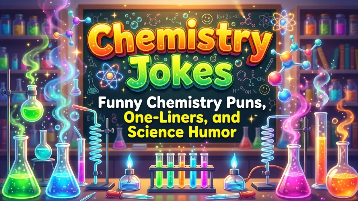 Funny chemistry jokes featuring atoms, molecules, periodic table puns, and science humor