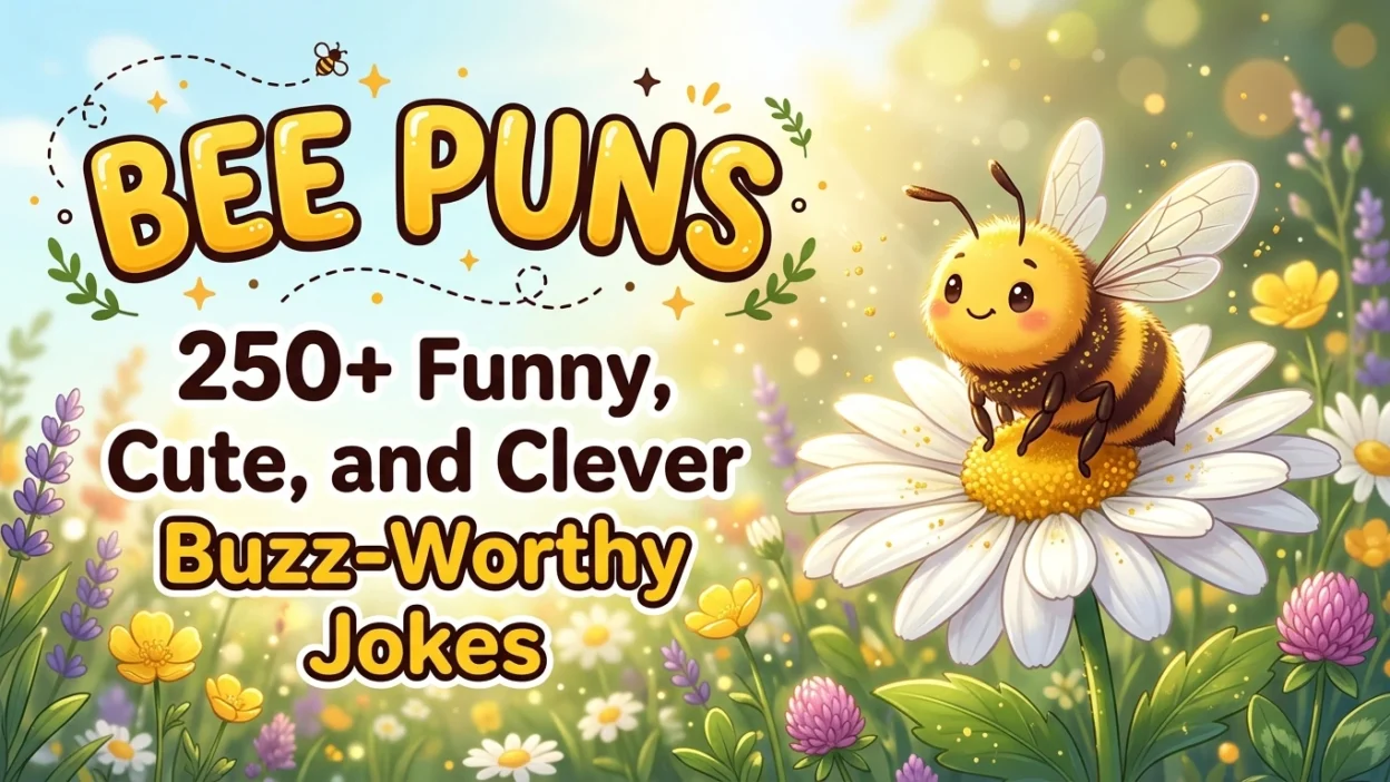 Funny bee puns with a cute honeybee, honeycomb, golden honey, and colorful flowers.