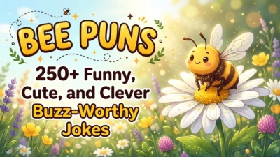 Funny bee puns with a cute honeybee, honeycomb, golden honey, and colorful flowers.