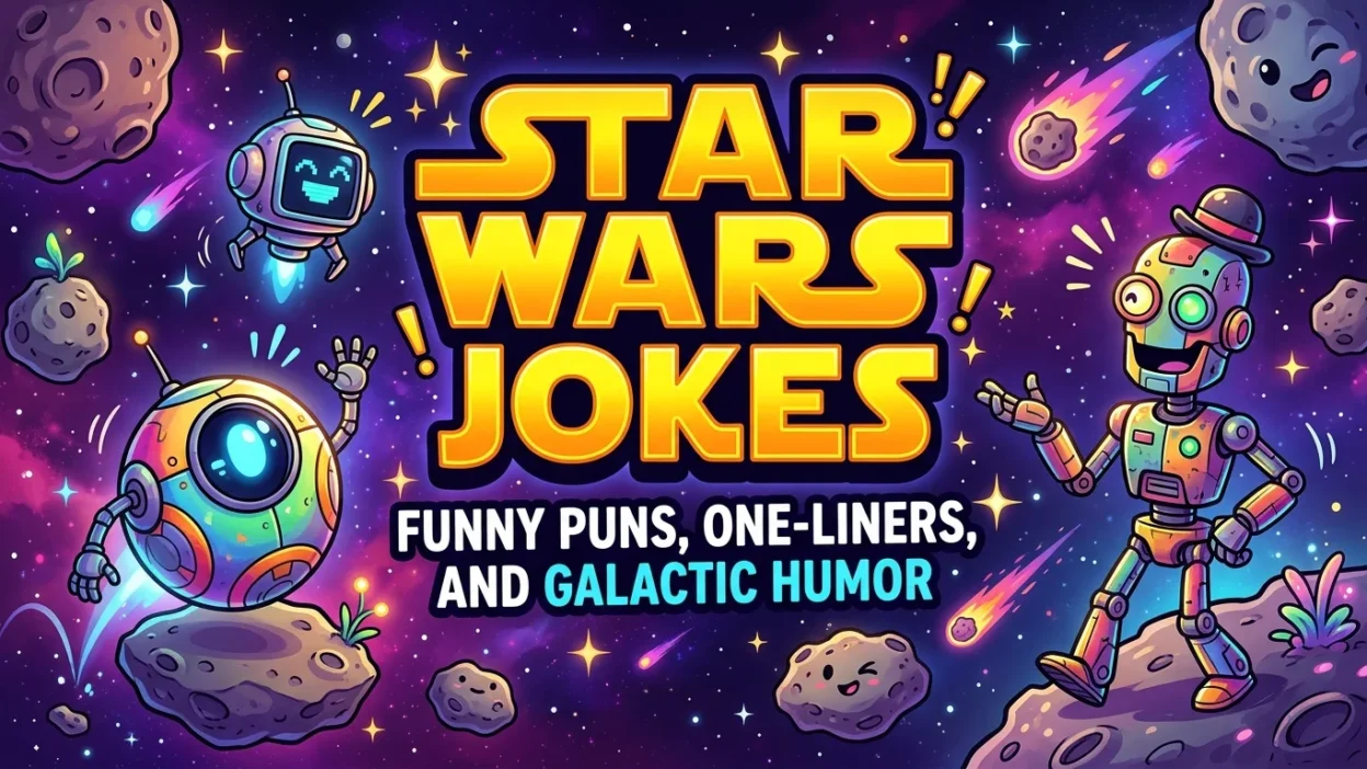 Funny Star Wars jokes featuring Yoda, Darth Vader, Jedi puns, and galactic humor